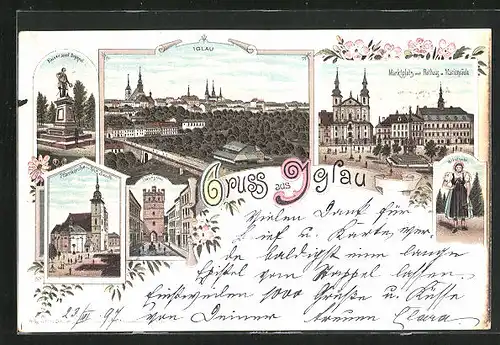 Lithographie Iglau, Kaiser Josef Denkmal, Marktplatz mit Rathaus und Mariensäule
