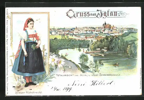 Lithographie Iglau, Totalansicht mit städtischer Schwimmschule, Iglauerin in Tracht