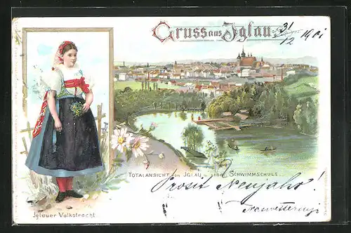 Lithographie Iglau, Totalansicht mit städtischer Schwimmschule, Iglauerin in Tracht