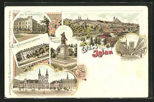 Lithographie Iglau, Totalansicht, Kaiser Josef Denkmal, Minoritenkirche und Frauenthor