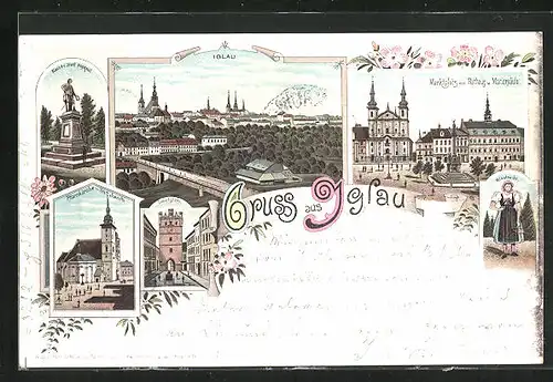 Lithographie Iglau, Totalansicht, Pfarrkirche St. Jacob, Marktplatz mit Rathaus und Mariensäule