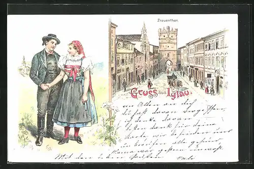 Lithographie Iglau, Strasse am Frauenthor, Iglauer in Tracht