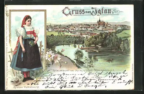Lithographie Iglau, Totalansicht mit städtischer Schwimmschule, Iglauerin in Tracht