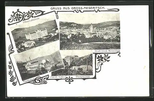 AK Gross-Meseritsch, Oberrealschule, Tuchfabrik, Fürstliches Schloss, Dampfmühle
