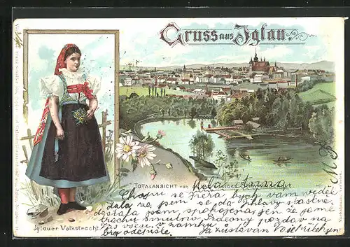 Lithographie Iglau, Totalansicht mit städtischer Schwimmschule, Iglauerin in Tracht