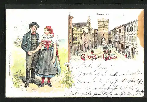 Lithographie Iglau, Strasse am Frauenthor, Iglauer in Tracht