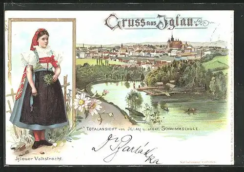 Lithographie Iglau, Totalansicht mit städtischer Schwimmschule, Iglauerin in Tracht