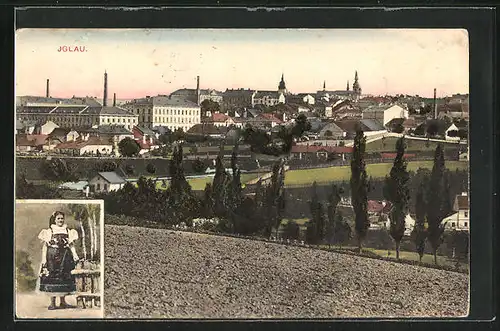 AK Jihlava /Iglau, Stadtansicht, Frau in Tracht