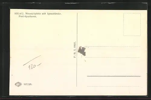 AK Jihlava /Iglau, Masarykplatz mit Ignazkirche und Post-Sparkasse