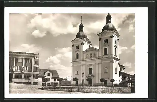 AK Bystrice nad Pernst., Sporitelna a Kostel, Obchod Josef Prostihovsky