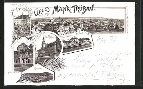 Lithographie Mähr. Trübau, Mariensäule, Kreuzberg, Schlossturm