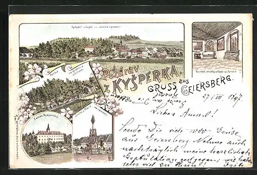 Lithographie Geiersberg, Zamek Kyspersky, Socha p. Marie na namesti, Pohled na grotnu a podmesti