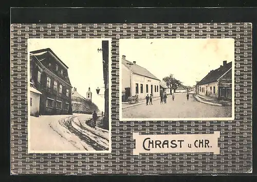 AK Chrast u Chr., Ortspartie im Winter, Strassenpartie mit Gebäudeansicht