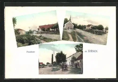 AK Stenec, Kirche, Strassenpartie mit Gebäudeansicht, Ortspartie mit Pferdewagen