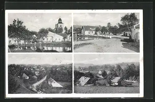 AK Vrbatuv Kostelec, Strassenpartie mit Gasthaus, Ortspartie mit Kirche