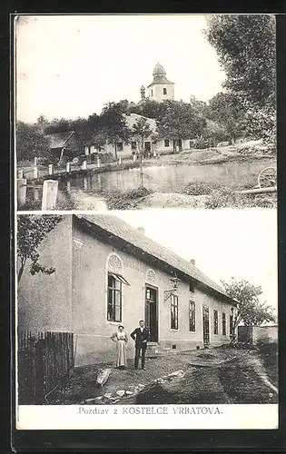 AK Vrbatuv Kostelec, Hostinec Truncu, Gasthaus, Kirche