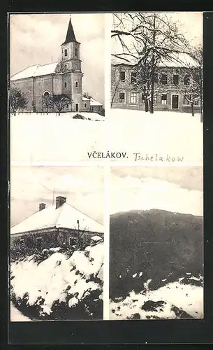 AK Vcelákov, Kostel, Kirche im Winter