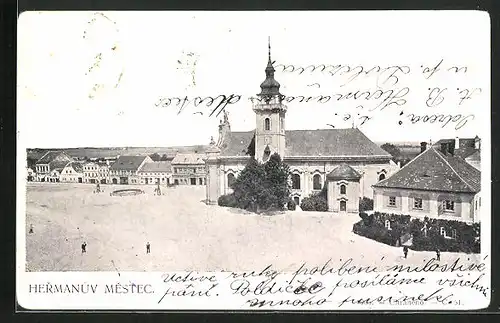 AK Hermanuv Mestec, Strassenpartie mit Kirche