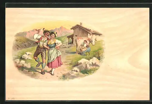 AK Paar in bayerischer Tracht und eine Kuh melkende Frau