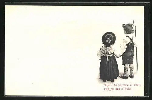 AK Kinderpaar in bayerischer Tracht hält sich an der Hand