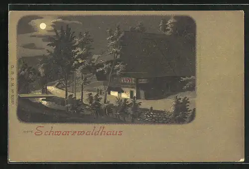 AK Paar vor Schwarzwaldhaus bei Mondschein