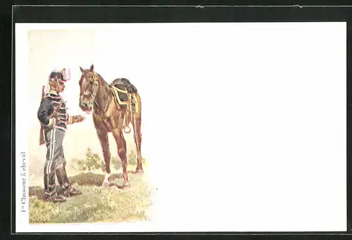 Künstler-AK 1er Chasseur a cheval, belgischer Soldat mit Pferd