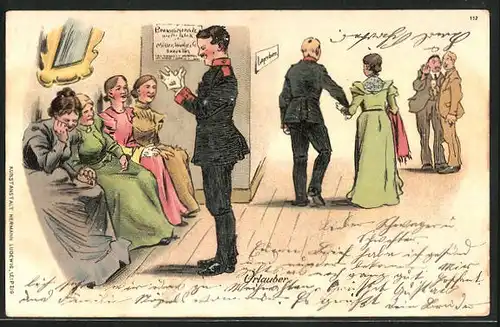 Lithographie Soldat im Urlaub belustigt hübsche Damen