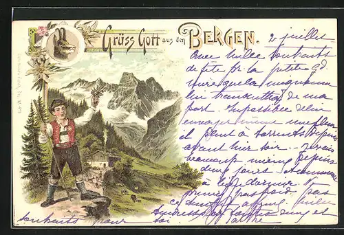 Lithographie Schweiz, Junge in Tracht mit Wanderstock, Berge
