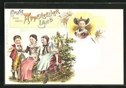 Lithographie Appenzeller Land /Schweiz, Kinder in Trachten beim Sticken