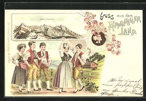Lithographie Appenzeller Land /Schweiz, Buben und Mädchen in Trachten tanzen, Säntis-Panorama