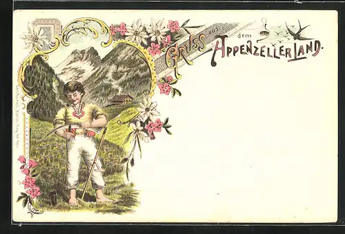 Lithographie Appenzeller Land /Schweiz, Junge mit Sense auf dem Feld