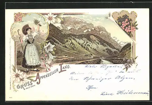 Lithographie Appenzeller Land /Schweiz, Frau in Tracht, Haus am Fusse eines Berges