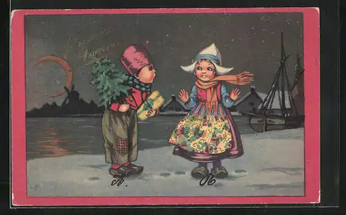 AK Niederländischer Junge und Mädchen mit Weihnachtsbaum