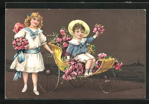 Präge-AK Mädchen neben Kind im Rosen-Wagen