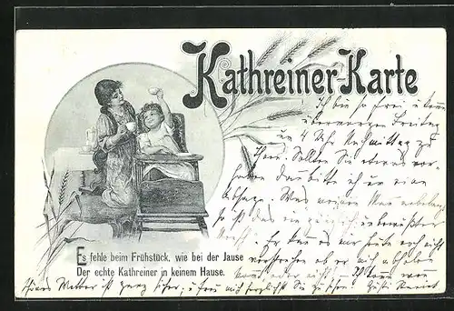 AK Kathreiner-Karte, Es fehle beim Frühstück..., Mutter und Kind mit Kaffeetassen