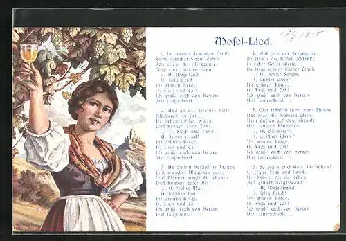 AK Mosel-Lied, Im weiten deutschen Lande..., Junge Frau mit Weinglas