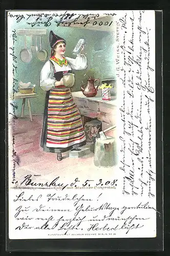Lithographie Frau in Tracht kocht Kaffee