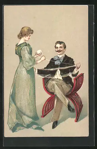 Präge-AK Mann und Frau bei Strickarbeiten