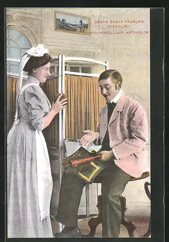AK Dienstmädchen mit Schwamm in der Hand, Mann mit Kehrschaufel