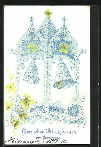 Lithographie Blumenbild, Glockenturm aus Vergissmeinnicht, Geburtstagsglückwünsche
