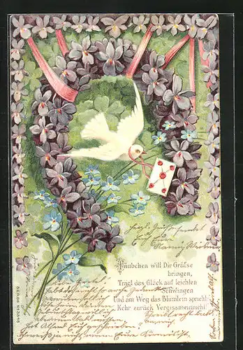 Lithographie Brieftaube, Blumenbild Hufeisen aus Veilchen