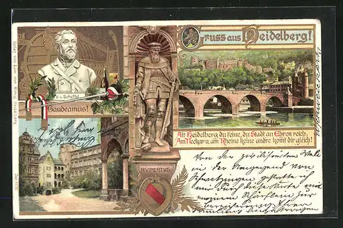 Präge-Lithographie Heidelberg, Brücke, Ruperdus, V. v. Scheffel