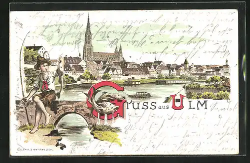 Lithographie Ulm, Uferpartie mit Dom