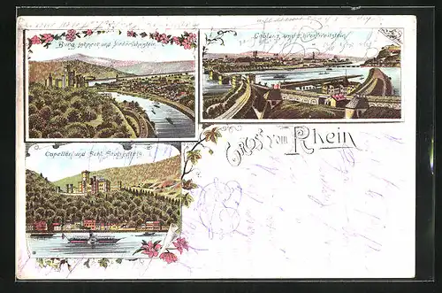 Lithographie Koblenz /Rhein, Teilansicht mit Ehrenbreitstein, Burg Lahneck und Niederlahnstein