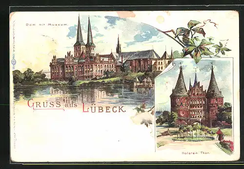 Lithographie Lübeck, Dom mit Museum, Holsten Tor