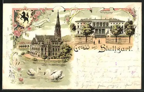 Lithographie Stuttgart, Wilhelmspalast, Johanniskirche mit Schwänen