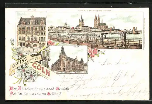 Lithographie Köln, Teilansicht von der Schiffbrücke gesehen, Rathaus, Post