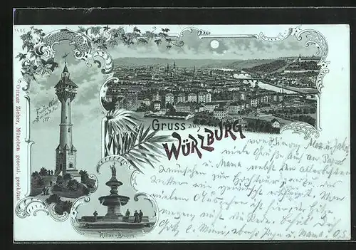 Mondschein-Lithographie Würzburg, Teilansicht, Franken-Warte eröffnet 1894, Kilian-Brunnen