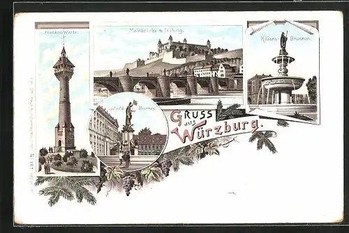 Lithographie Würzburg, Mainbrücke mit Festung, Franken-Warte, Kilians-Brunnen