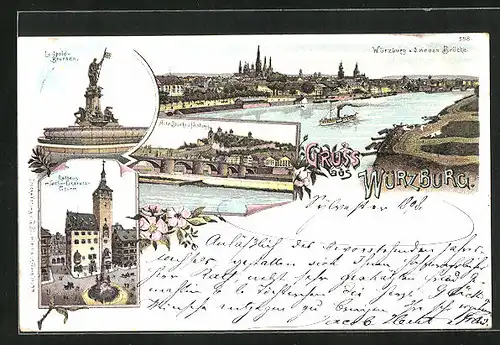 Lithographie Würzburg, Rathaus mit Gräfin-Eckardts-Turm, Alte Brücke u. Festung, Luitpold-Brunnen